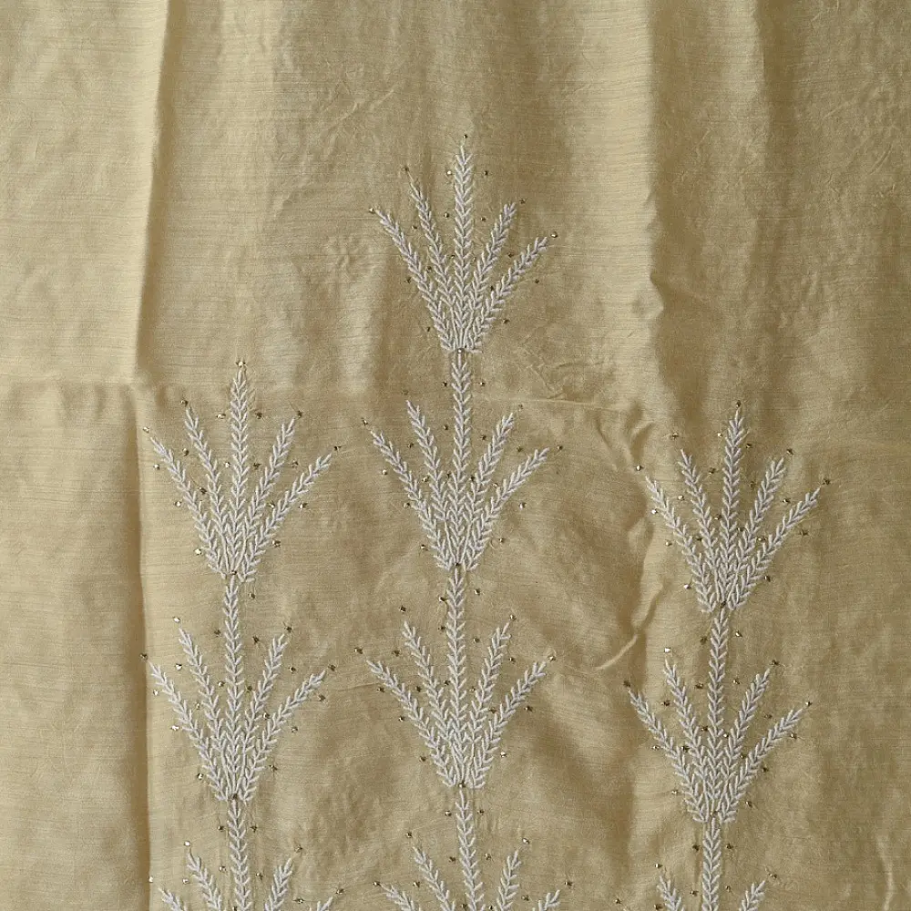 unstitched pure silk moonga chikankari kurti fabric with dupatta in light golden beige with hand embroidered resham work and mukaish highlights