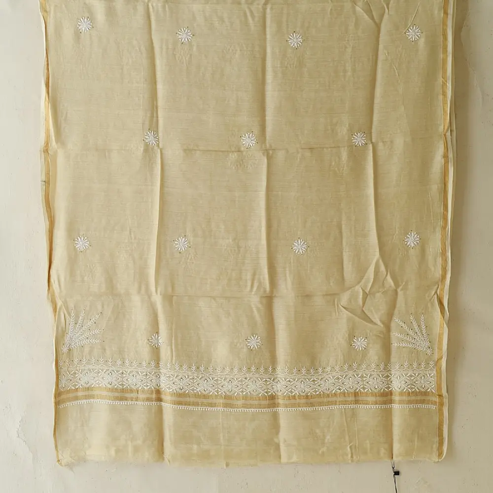 unstitched pure silk moonga chikankari kurti fabric with dupatta in light golden beige with hand embroidered resham work and mukaish highlights