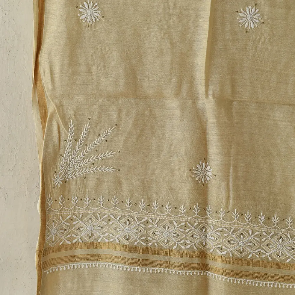 unstitched pure silk moonga chikankari kurti fabric with dupatta in light golden beige with hand embroidered resham work and mukaish highlights