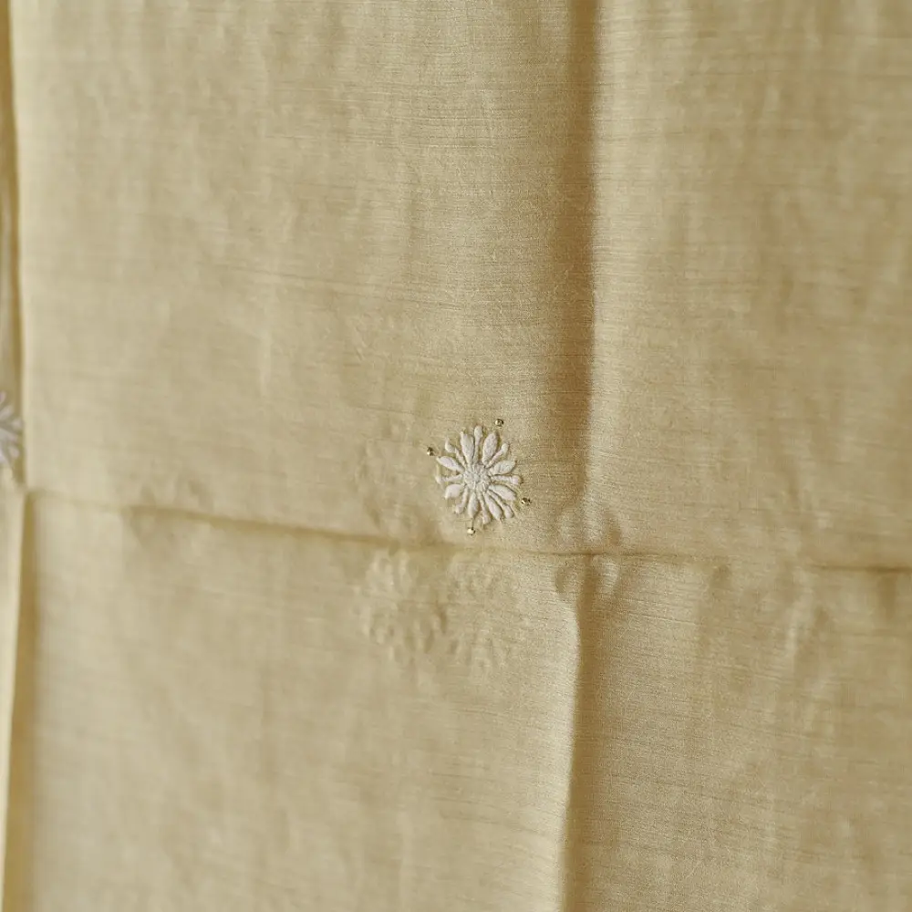 unstitched pure silk moonga chikankari kurti fabric with dupatta in light golden beige with hand embroidered resham work and mukaish highlights