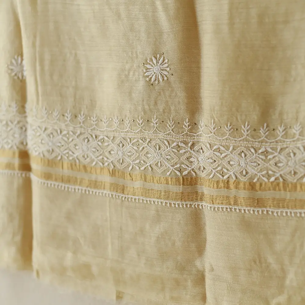 unstitched pure silk moonga chikankari kurti fabric with dupatta in light golden beige with hand embroidered resham work and mukaish highlights