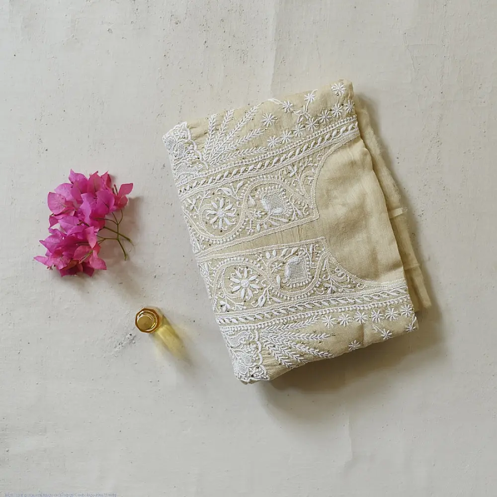unstitched pure silk moonga chikankari kurti fabric with dupatta in light golden beige with hand embroidered resham work and mukaish highlights