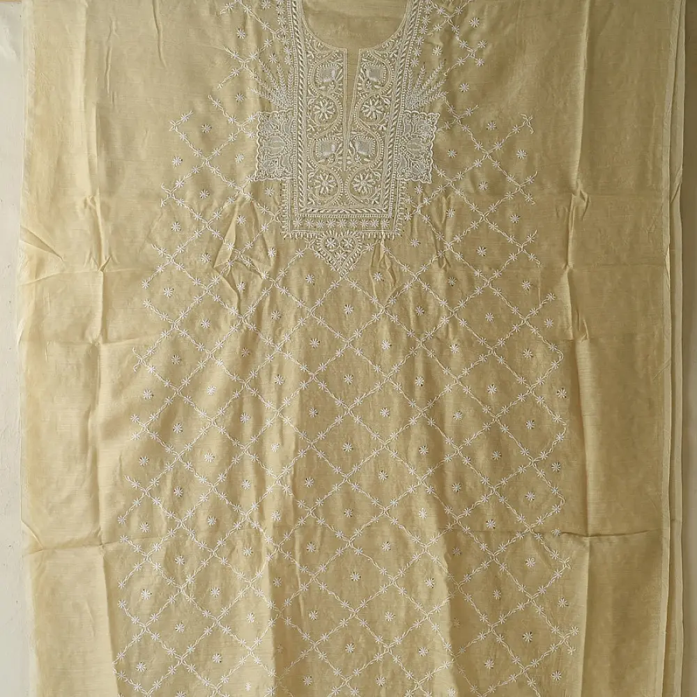 unstitched pure silk moonga chikankari kurti fabric with dupatta in light golden beige with hand embroidered resham work and mukaish highlights