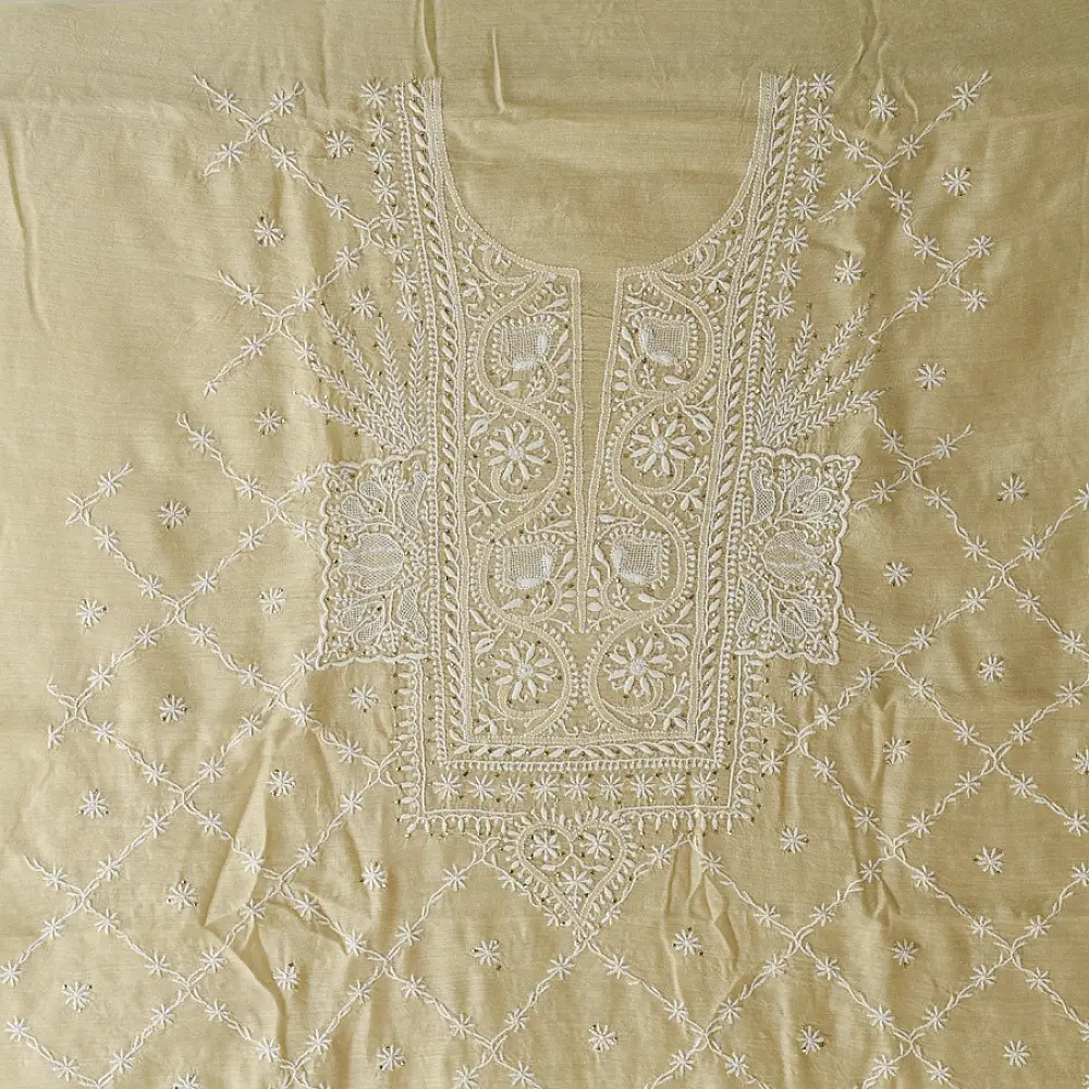 unstitched pure silk moonga chikankari kurti fabric with dupatta in light golden beige with hand embroidered resham work and mukaish highlights