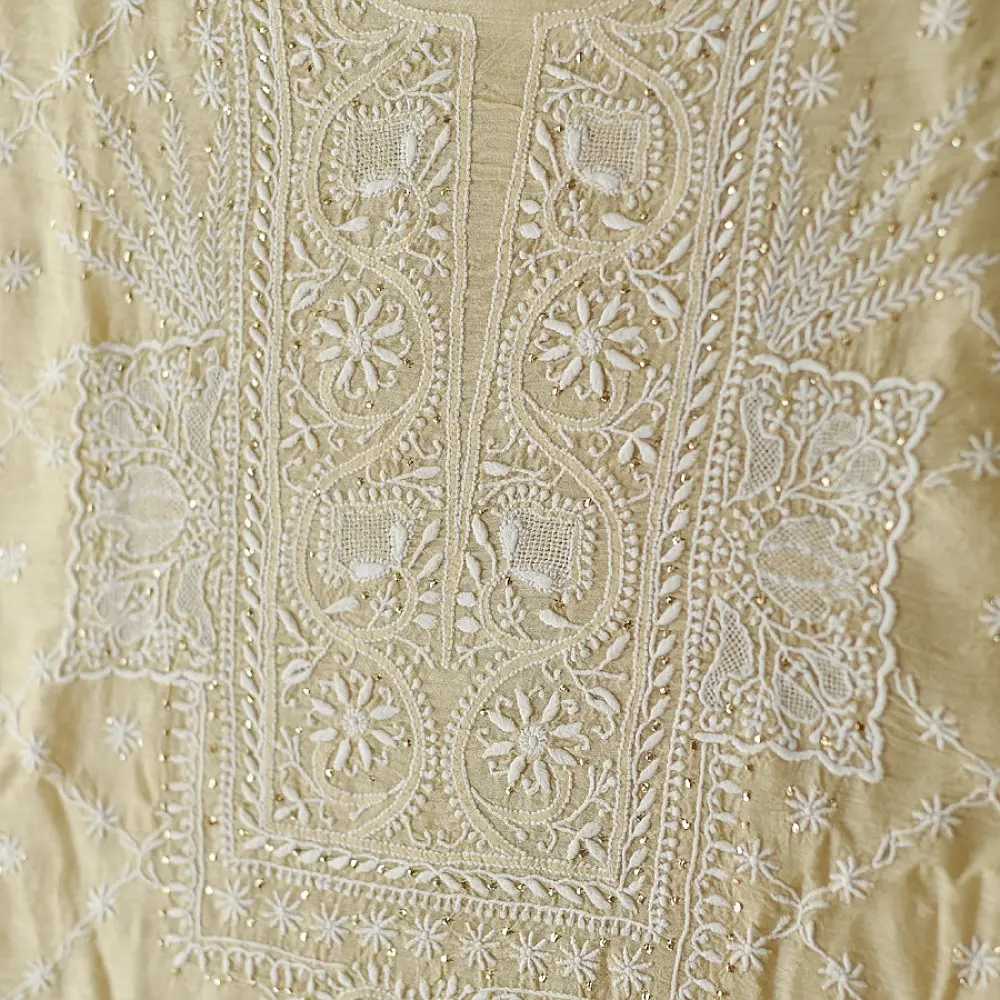 unstitched pure silk moonga chikankari kurti fabric with dupatta in light golden beige with hand embroidered resham work and mukaish highlights