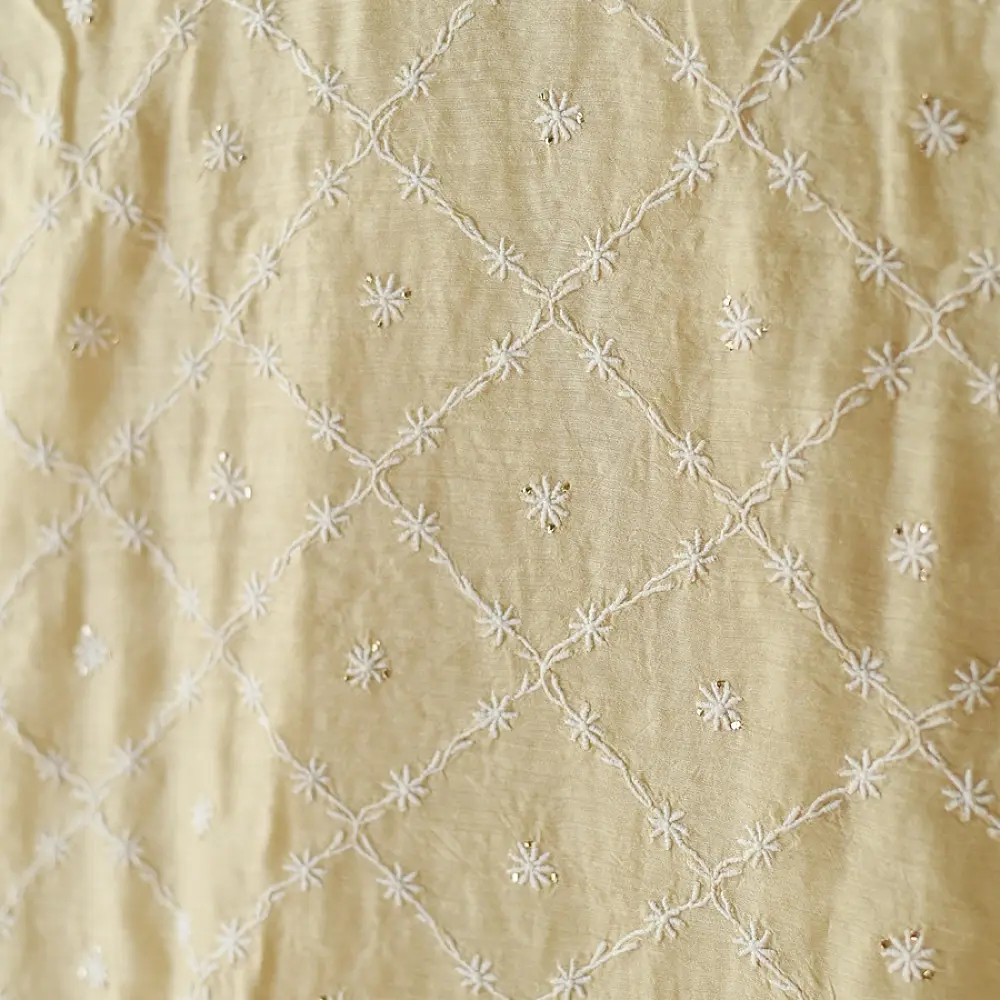 unstitched pure silk moonga chikankari kurti fabric with dupatta in light golden beige with hand embroidered resham work and mukaish highlights