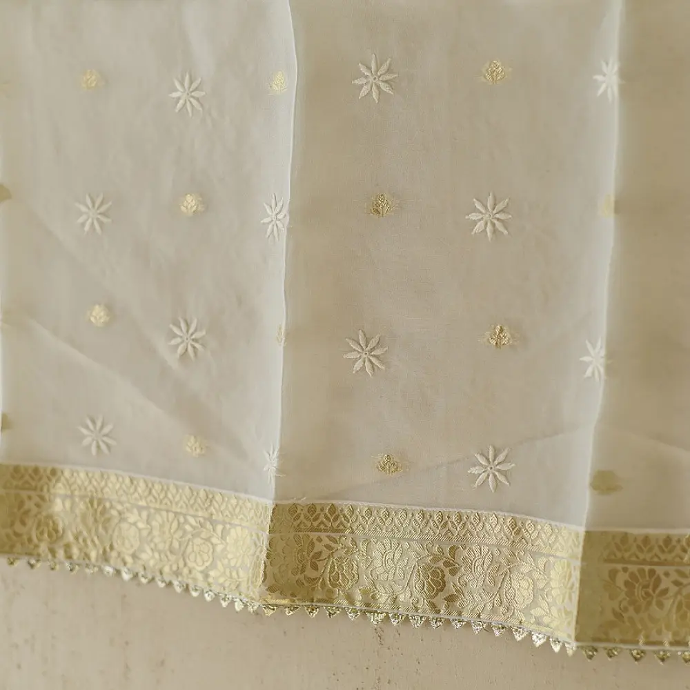 Buy Chanderi Kurta Fabric With Dupatta - White Green