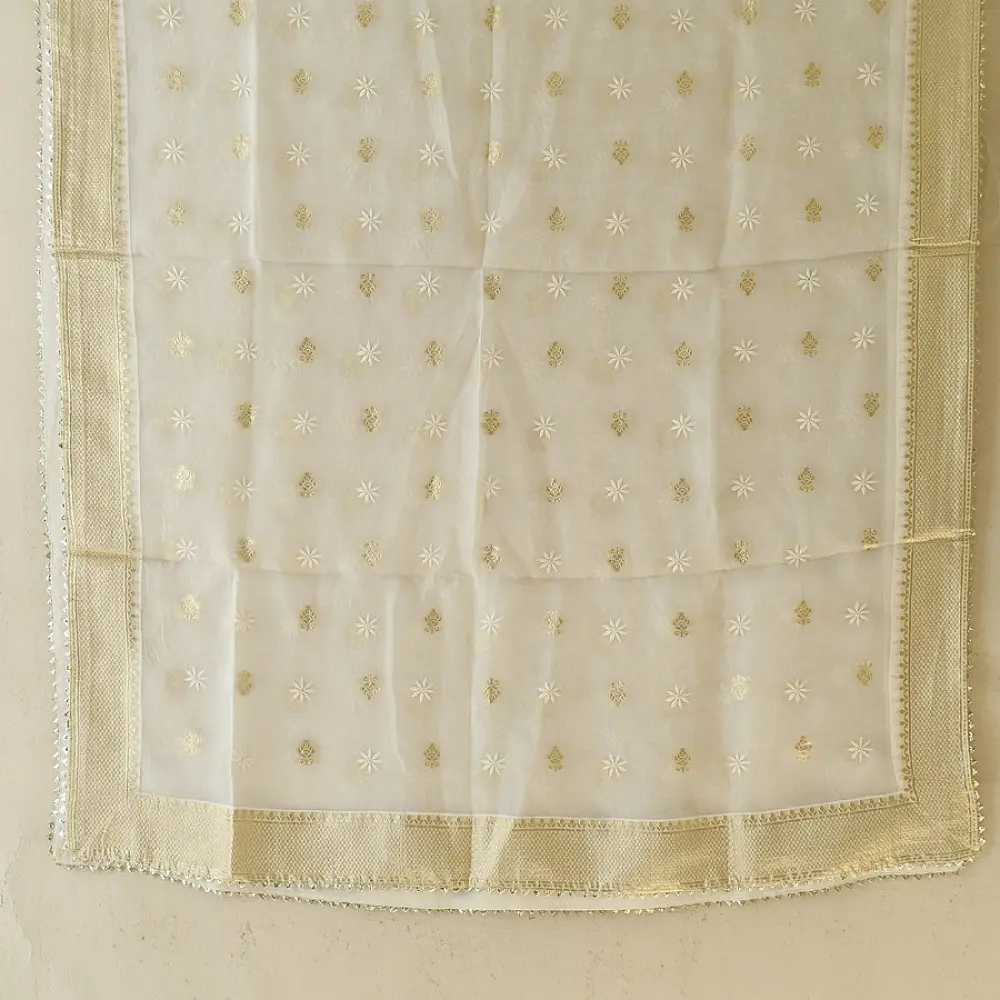 Buy Chanderi Kurta Fabric With Dupatta - White Green