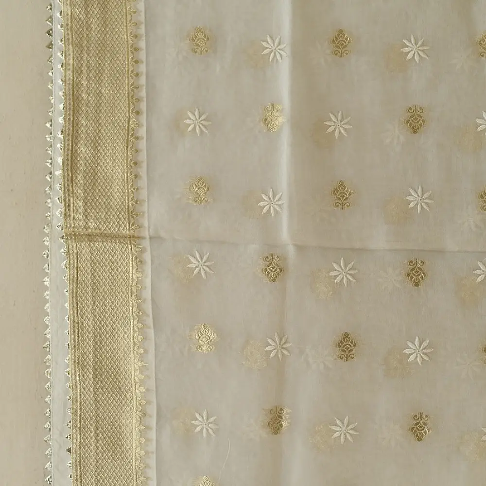 Buy Chanderi Kurta Fabric With Dupatta - White Green