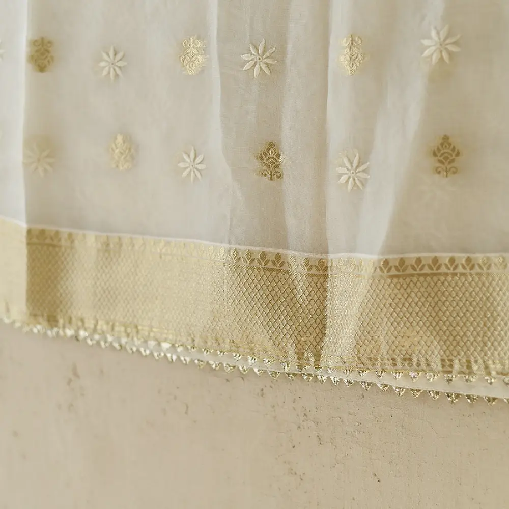 Buy Chanderi Kurta Fabric With Dupatta - White Green