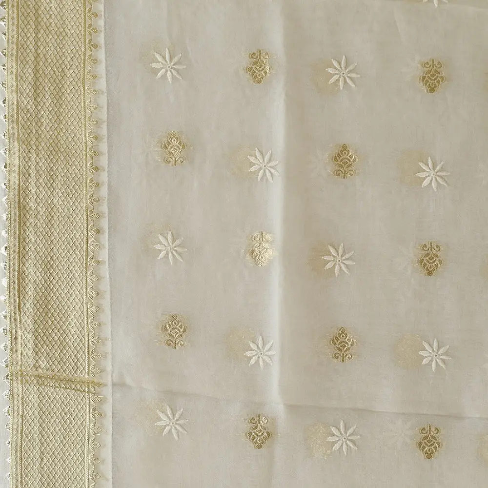 Buy Chanderi Kurta Fabric With Dupatta - White Green