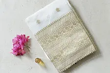 Handcrafted Chanderi Kurta Fabric With Dupatta - White Green