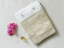 Handcrafted Chanderi Kurta Fabric With Dupatta - White Green