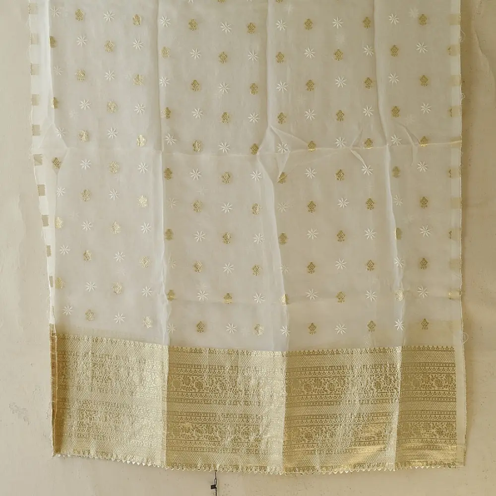 Buy Chanderi Kurta Fabric With Dupatta - White Green