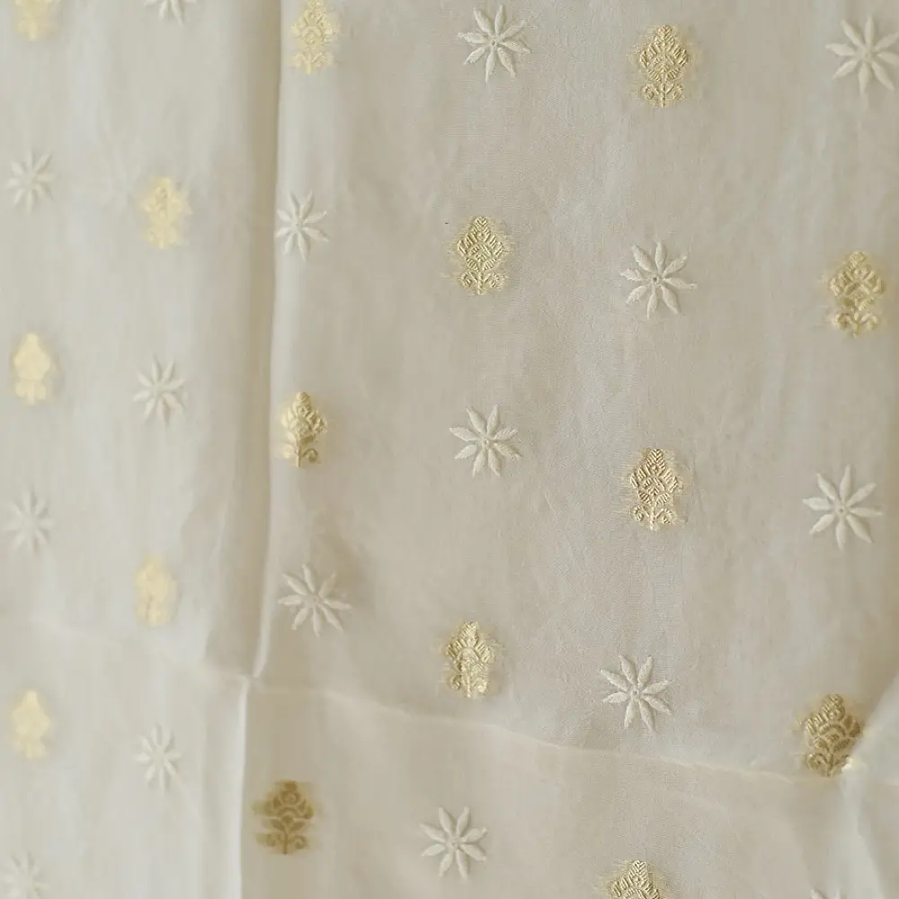 Buy Chanderi Kurta Fabric With Dupatta - White Green