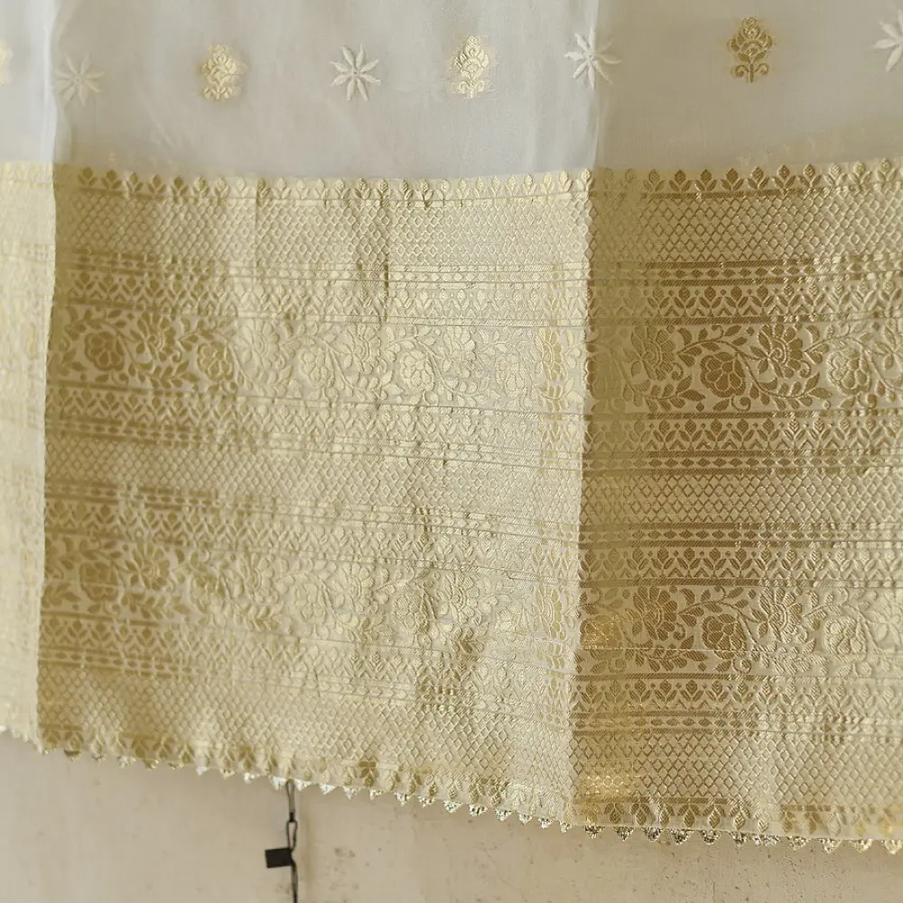 Buy Chanderi Kurta Fabric With Dupatta - White Green