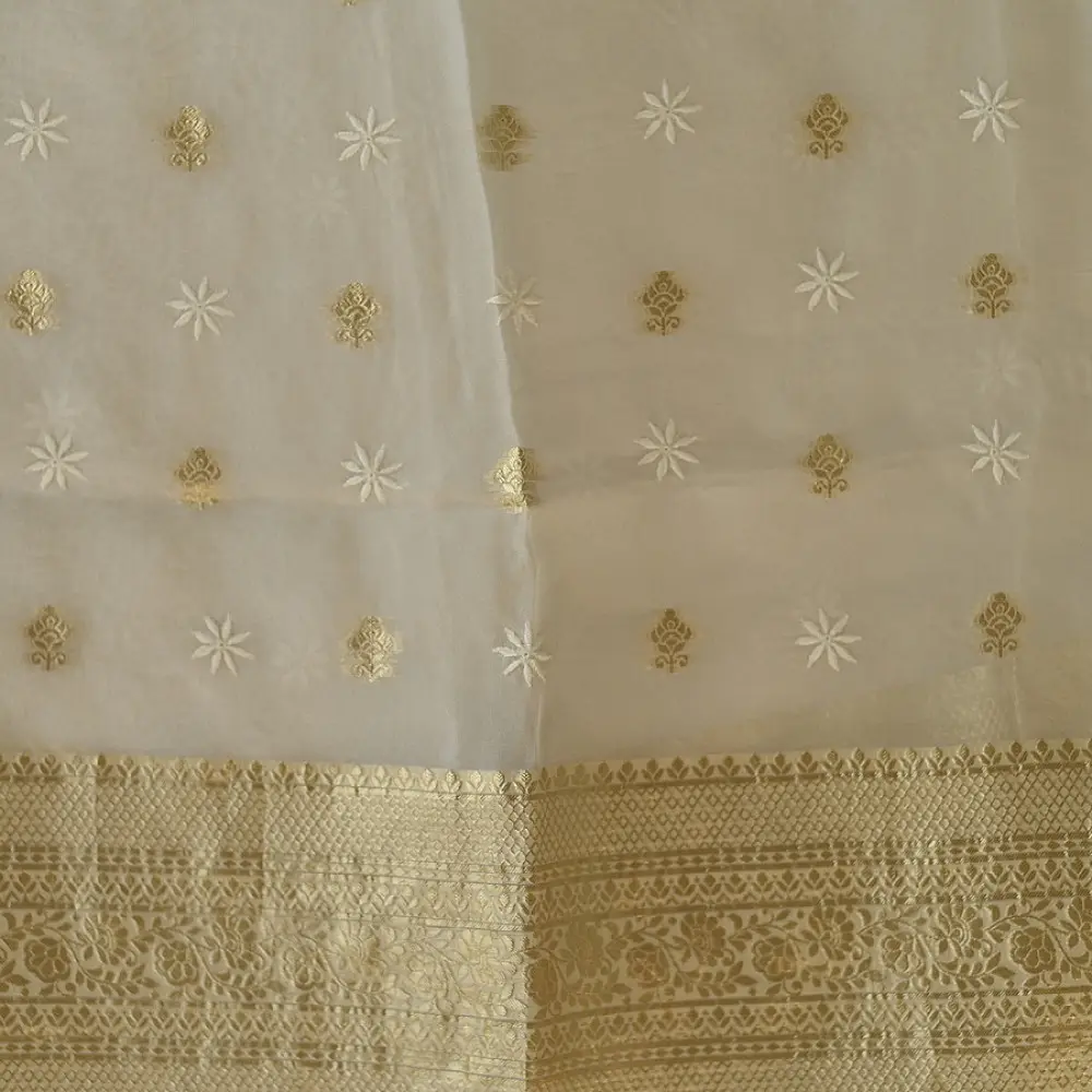 Buy Chanderi Kurta Fabric With Dupatta - White Green