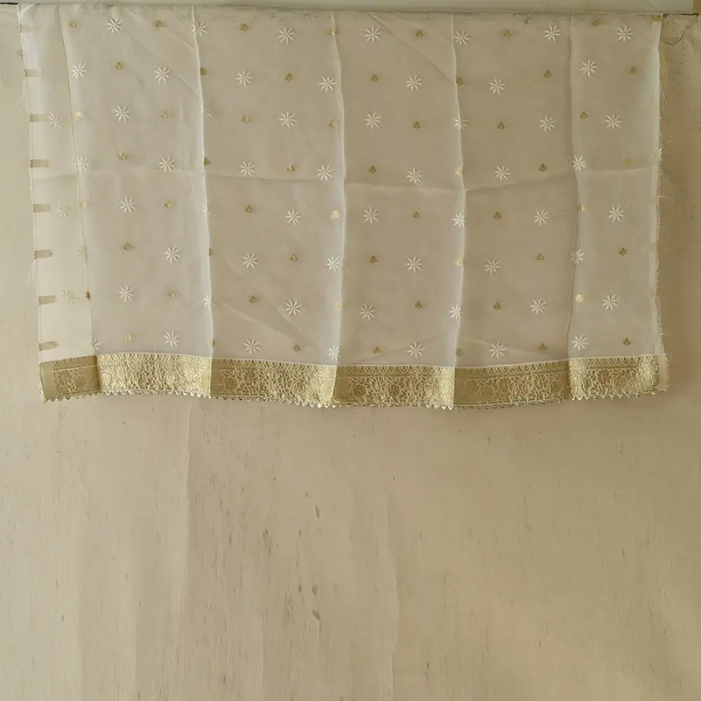 Buy Chanderi Kurta Fabric With Dupatta - White Green