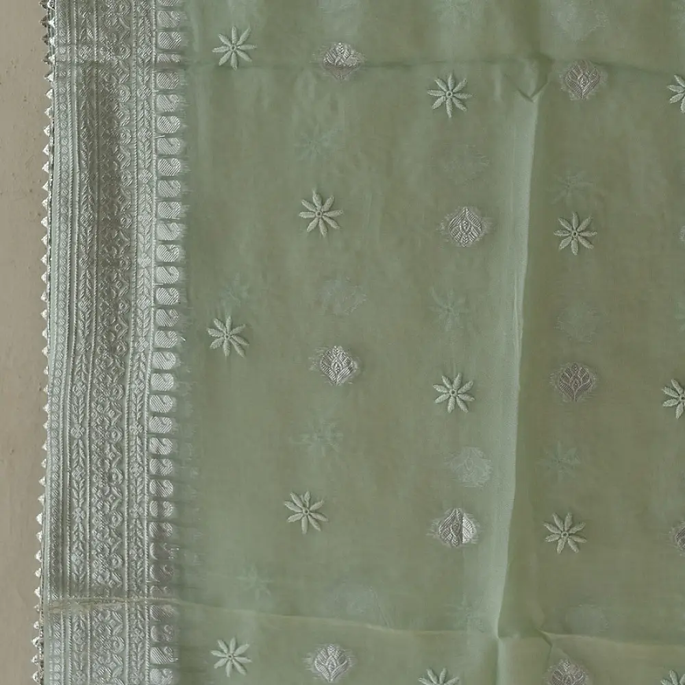 Buy Chanderi Kurta Fabric With Dupatta - Light Green