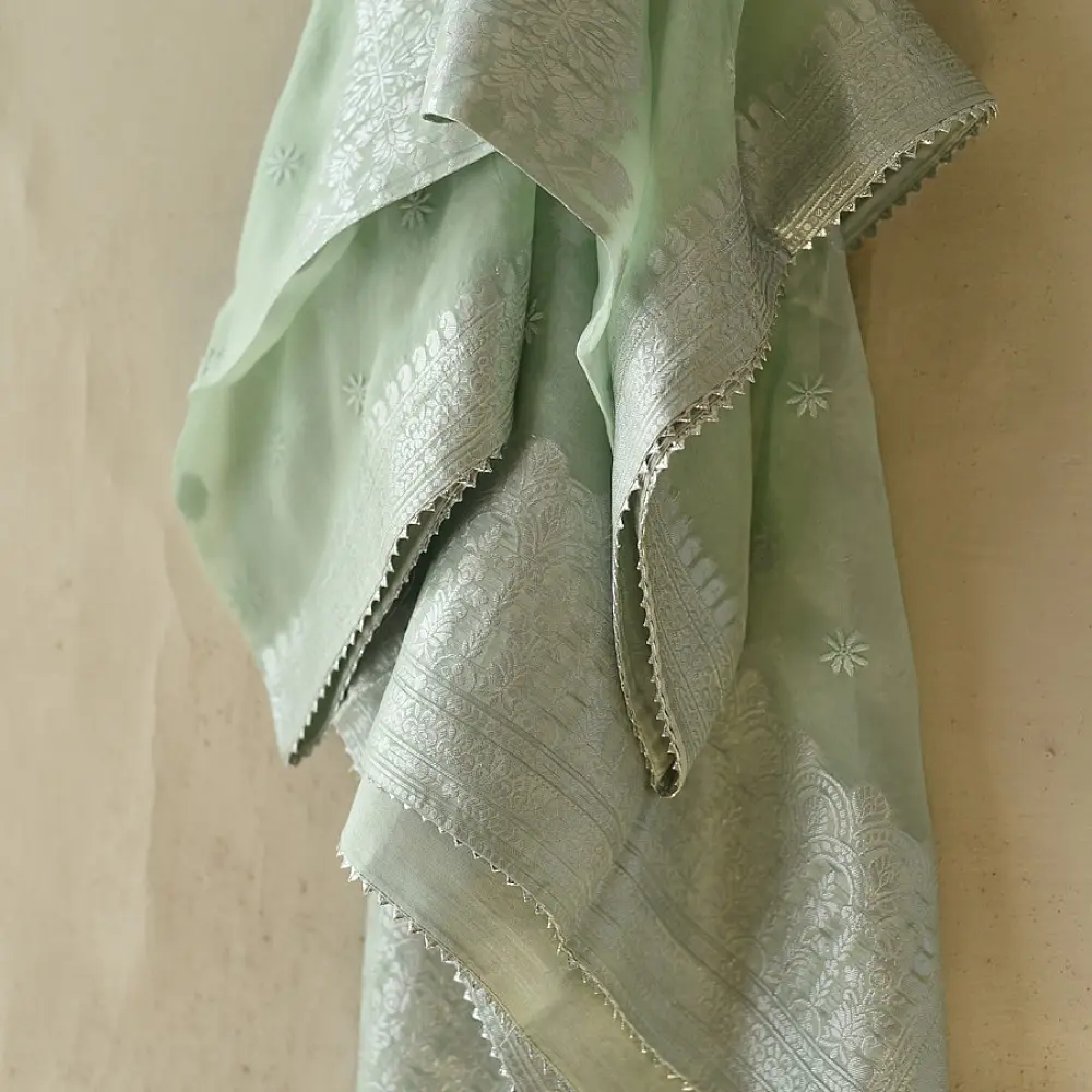 Buy Chanderi Kurta Fabric With Dupatta - Light Green