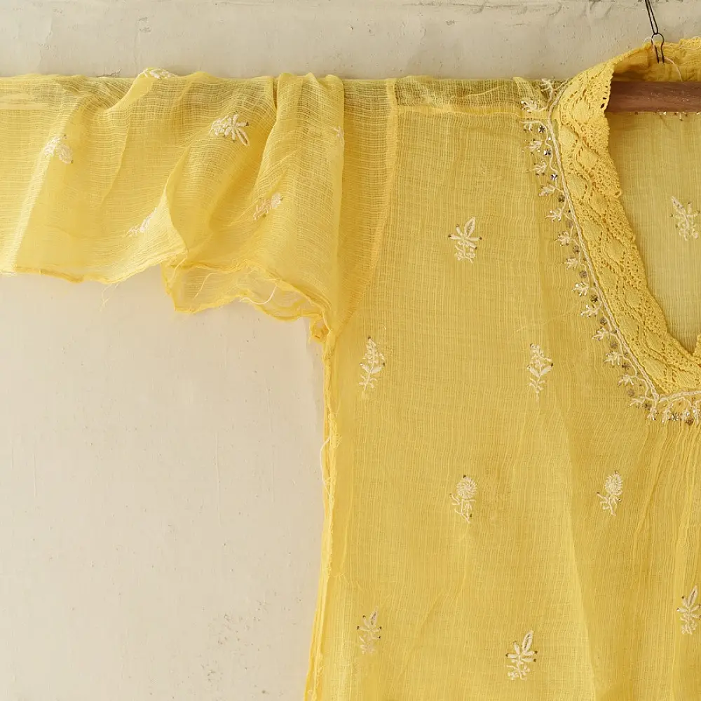 Buy Handcrafted Chikankari Semi Stitched Kurtas ~ Kota Light Yellow