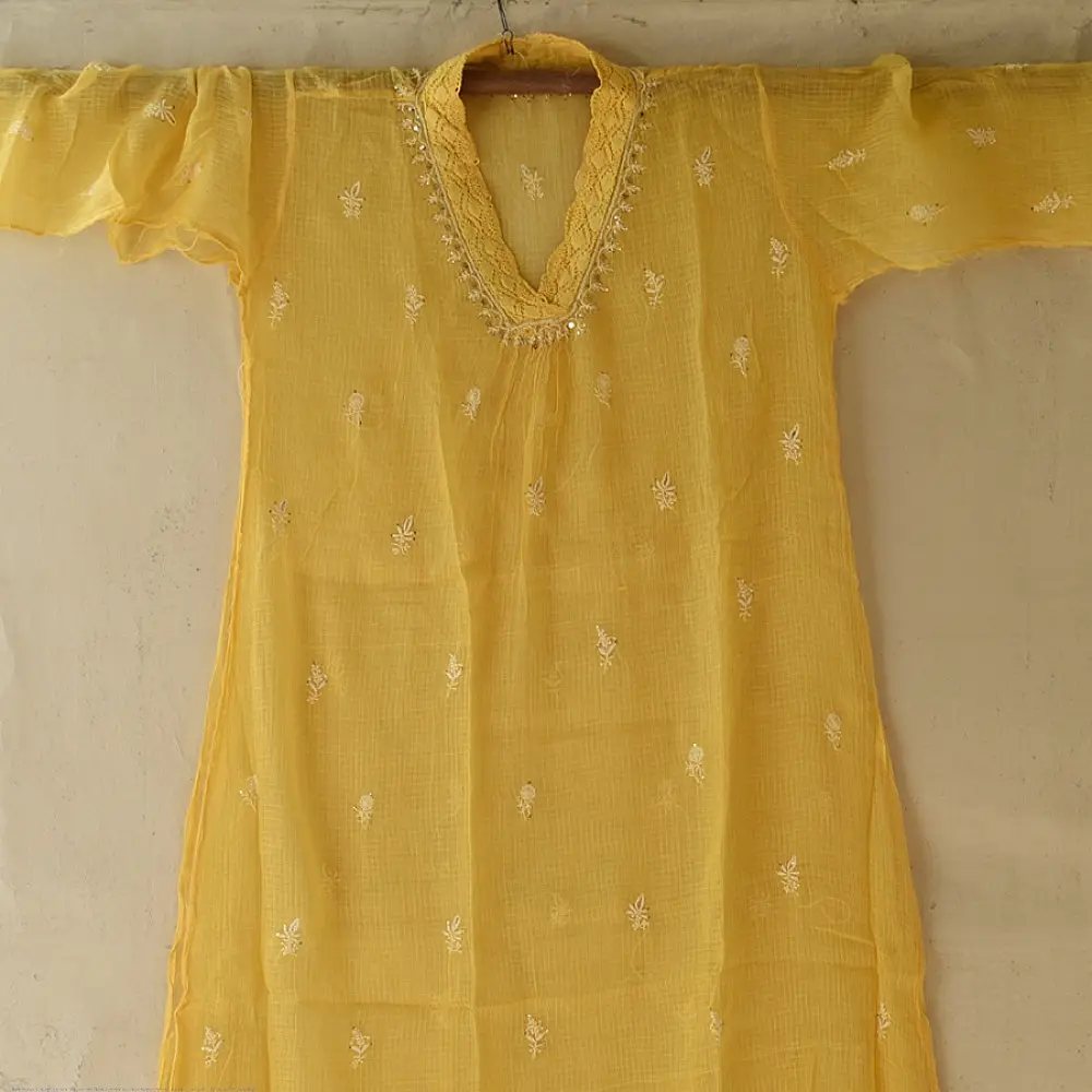 Buy Handcrafted Chikankari Semi Stitched Kurtas ~ Kota Light Yellow