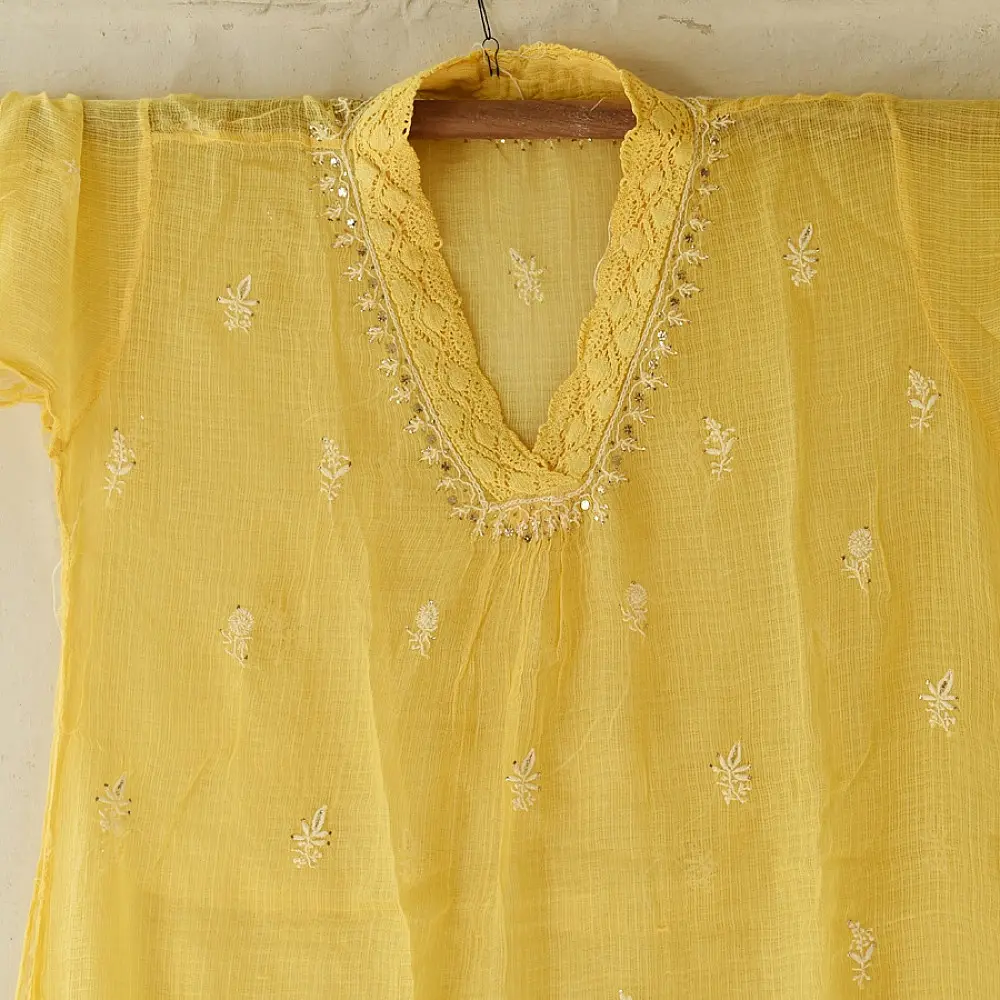 Buy Handcrafted Chikankari Semi Stitched Kurtas ~ Kota Light Yellow