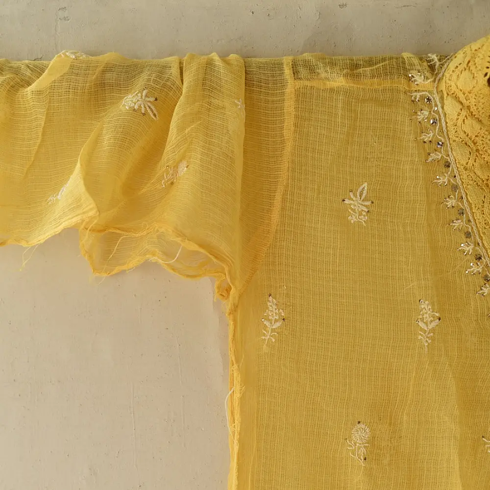 Buy Handcrafted Chikankari Semi Stitched Kurtas ~ Kota Light Yellow