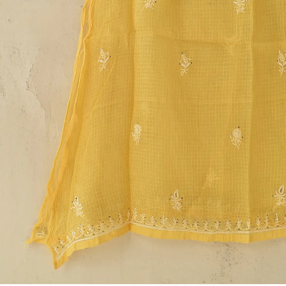 Buy Handcrafted Chikankari Semi Stitched Kurtas ~ Kota Light Yellow