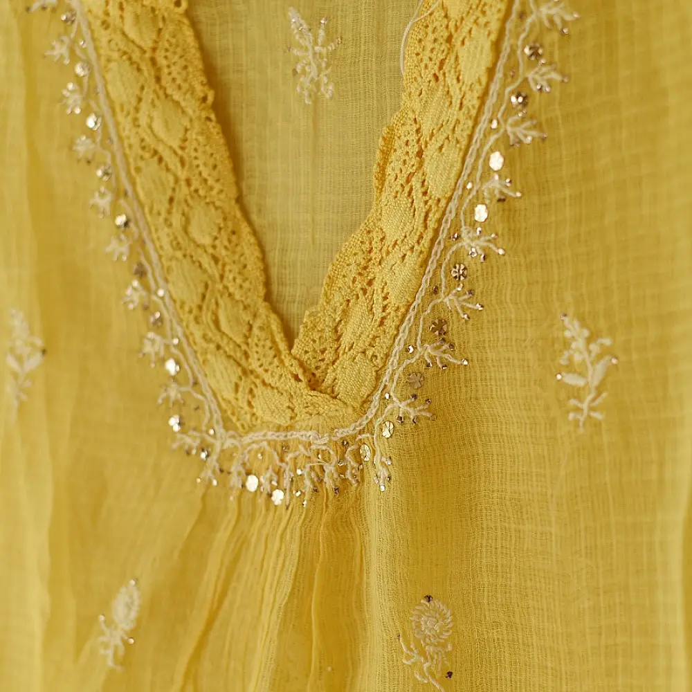 Buy Handcrafted Chikankari Semi Stitched Kurtas ~ Kota Light Yellow