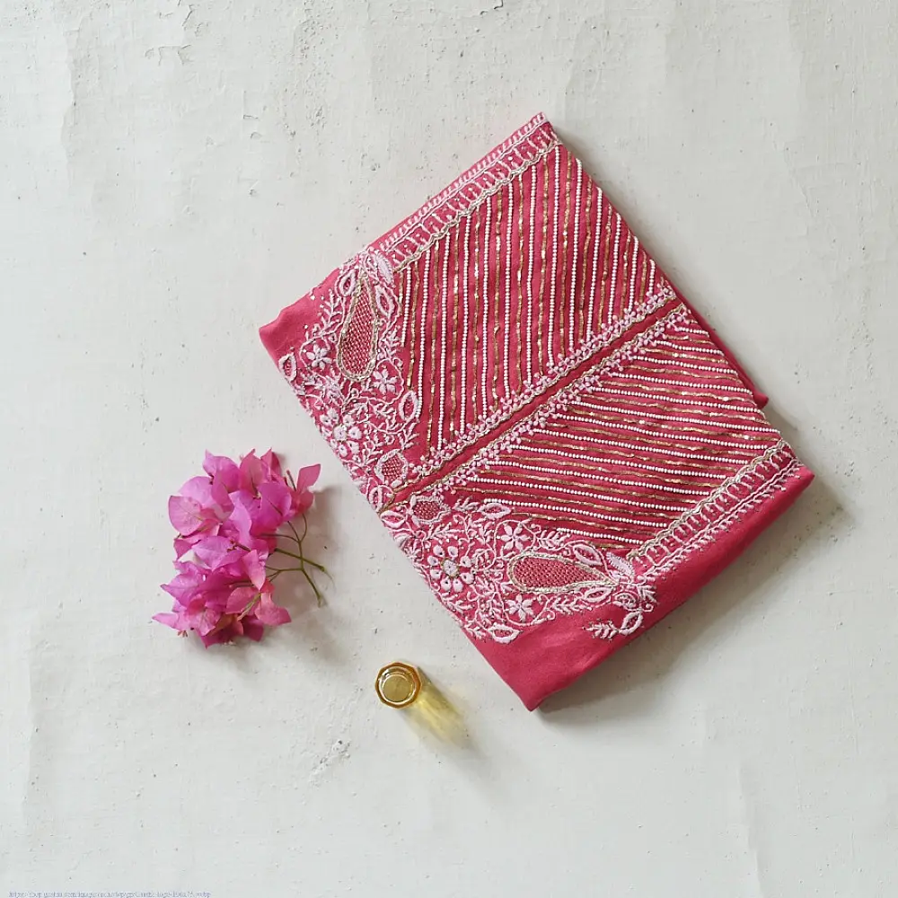 Buy Handcrafted Embroidered With Mukaish Work ~ Silk Dress Material