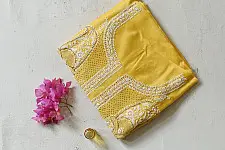 Handcrafted Embroidered With Mukaish Work ~ Silk Yellow Dress Material