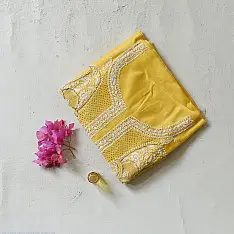 Handcrafted Embroidered With Mukaish Work ~ Silk Yellow Dress Material
