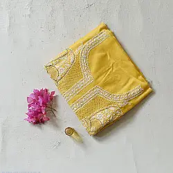 Handcrafted Embroidered With Mukaish Work ~ Silk Yellow Dress Material