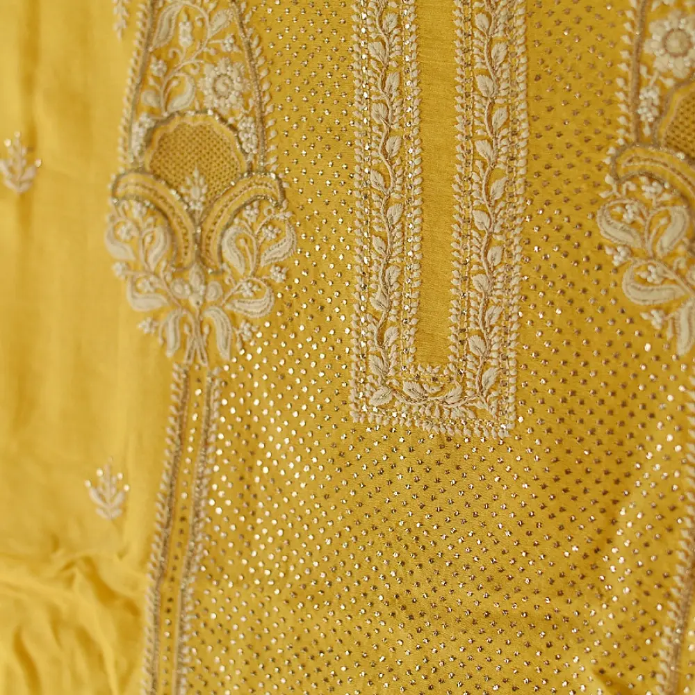 Buy Handcrafted Embroidered With Mukaish Work ~ Silk Dress Material