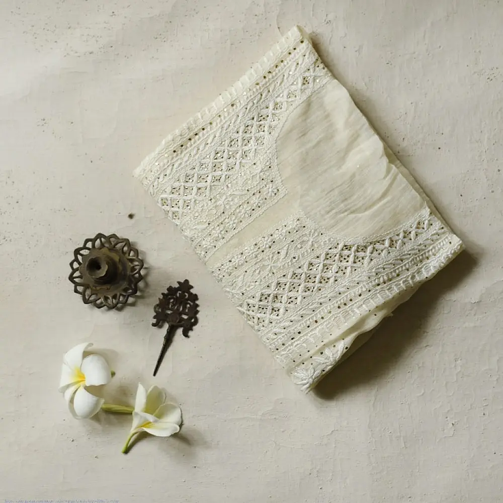 Royal off white Hand Embroidered Chikankari & Badla Kurta & Dupatta 