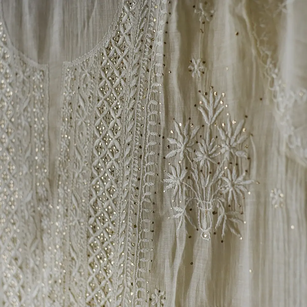 Royal off white Hand Embroidered Chikankari & Badla Kurta & Dupatta 