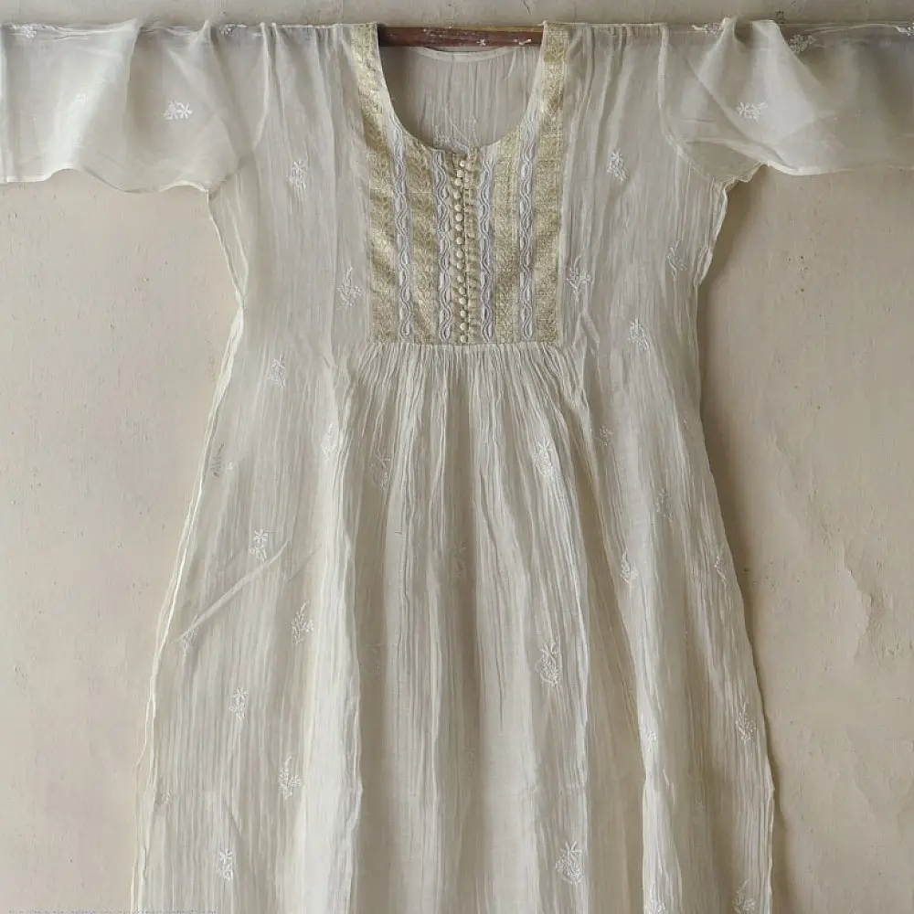 Shop Handcrafted Chikankari on Brocade Fabric ~ Semi-stitched Kurti