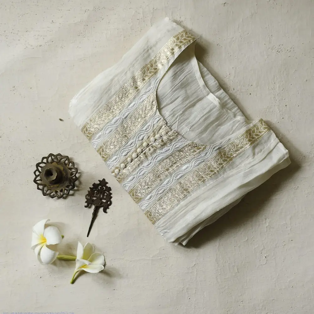 Shop Handcrafted Chikankari on Brocade Fabric ~ Semi-stitched Kurti