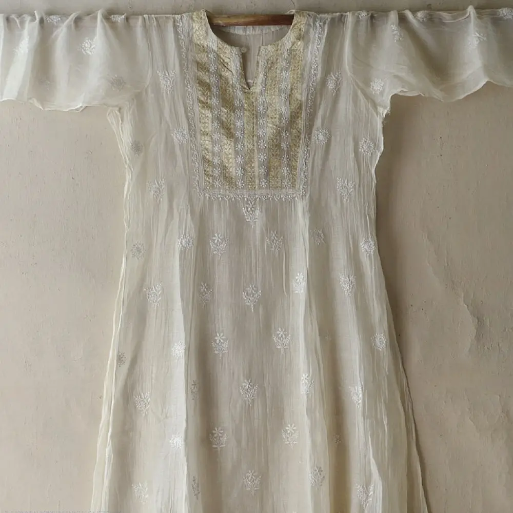 Shop Handcrafted Chikankari on Brocade Fabric ~ Semi-stitched Kurti