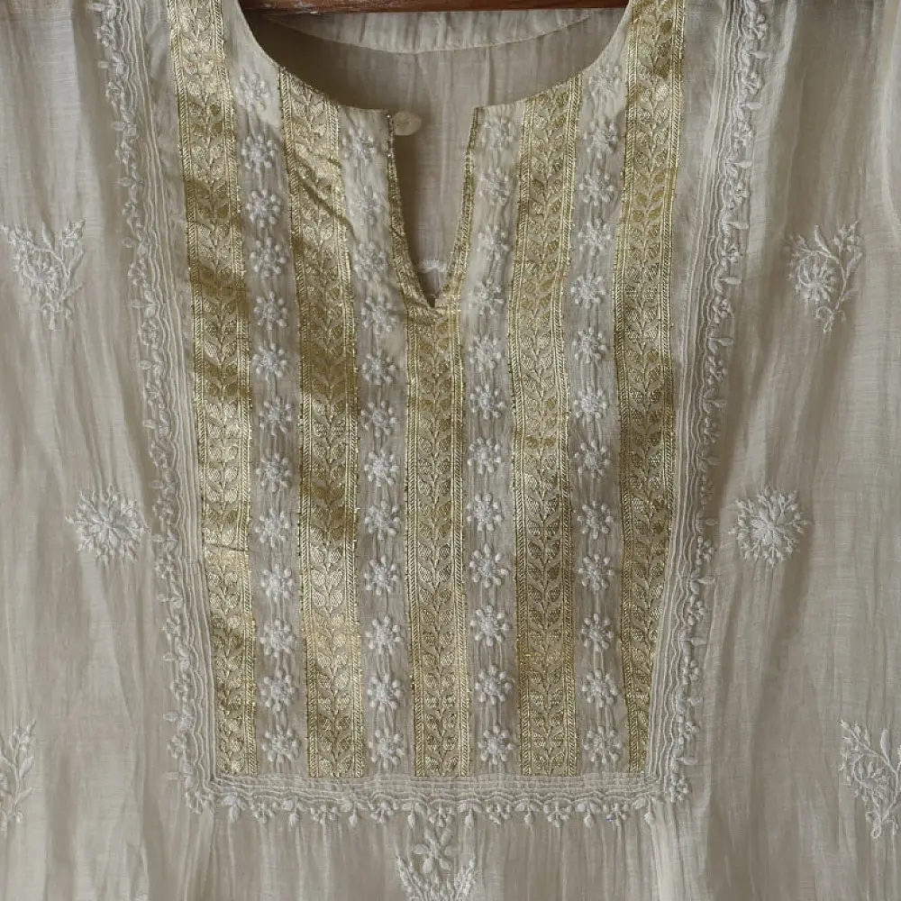 Shop Handcrafted Chikankari on Brocade Fabric ~ Semi-stitched Kurti