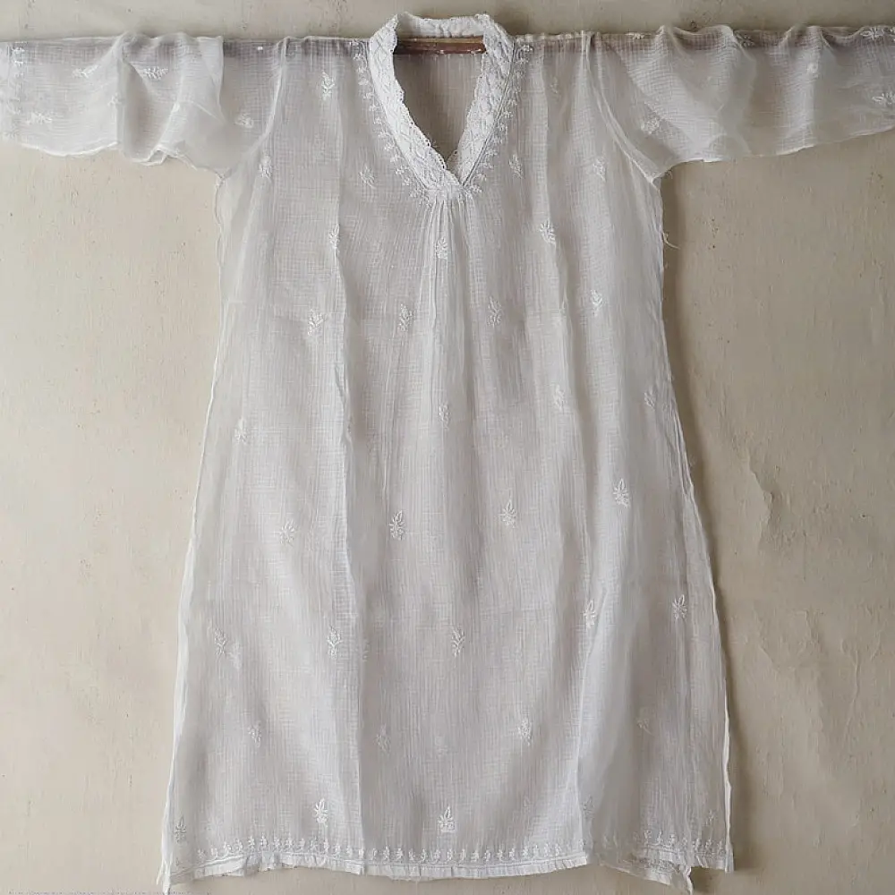 Shop Handcrafted Chikankari on Brocade Fabric ~ Semi-stitched Kurti