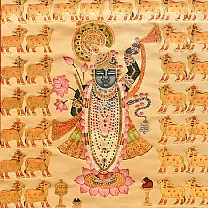 Pichwai Paintings - Shrinath ji & Cows | Real Gold Work (23.5" x 35")