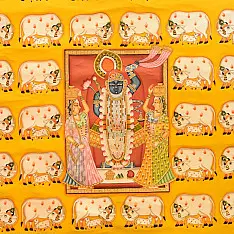 Pichwai Paintings of Nathdwara | Shrinath ji  With Cows & Calf (35" x 46")
