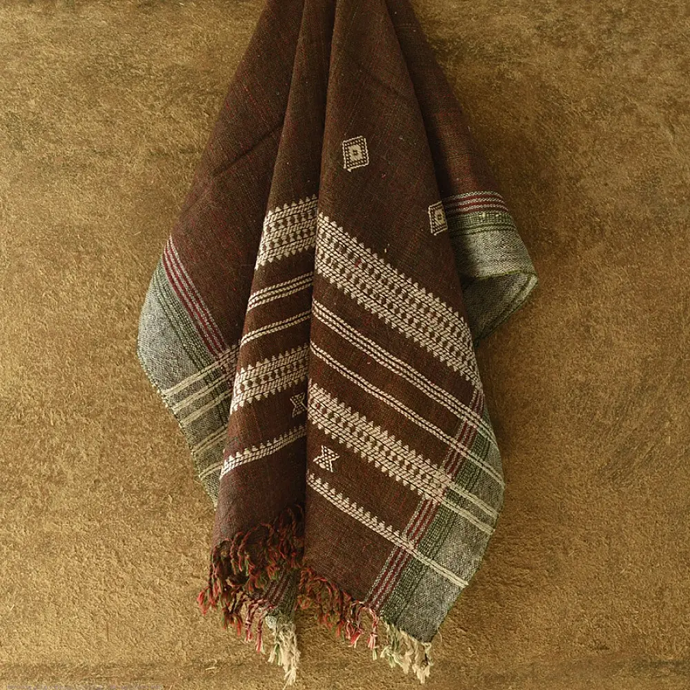 shop Kutchi Bhujodi Handspun Raw Woolen Shawl -Coffee Brown