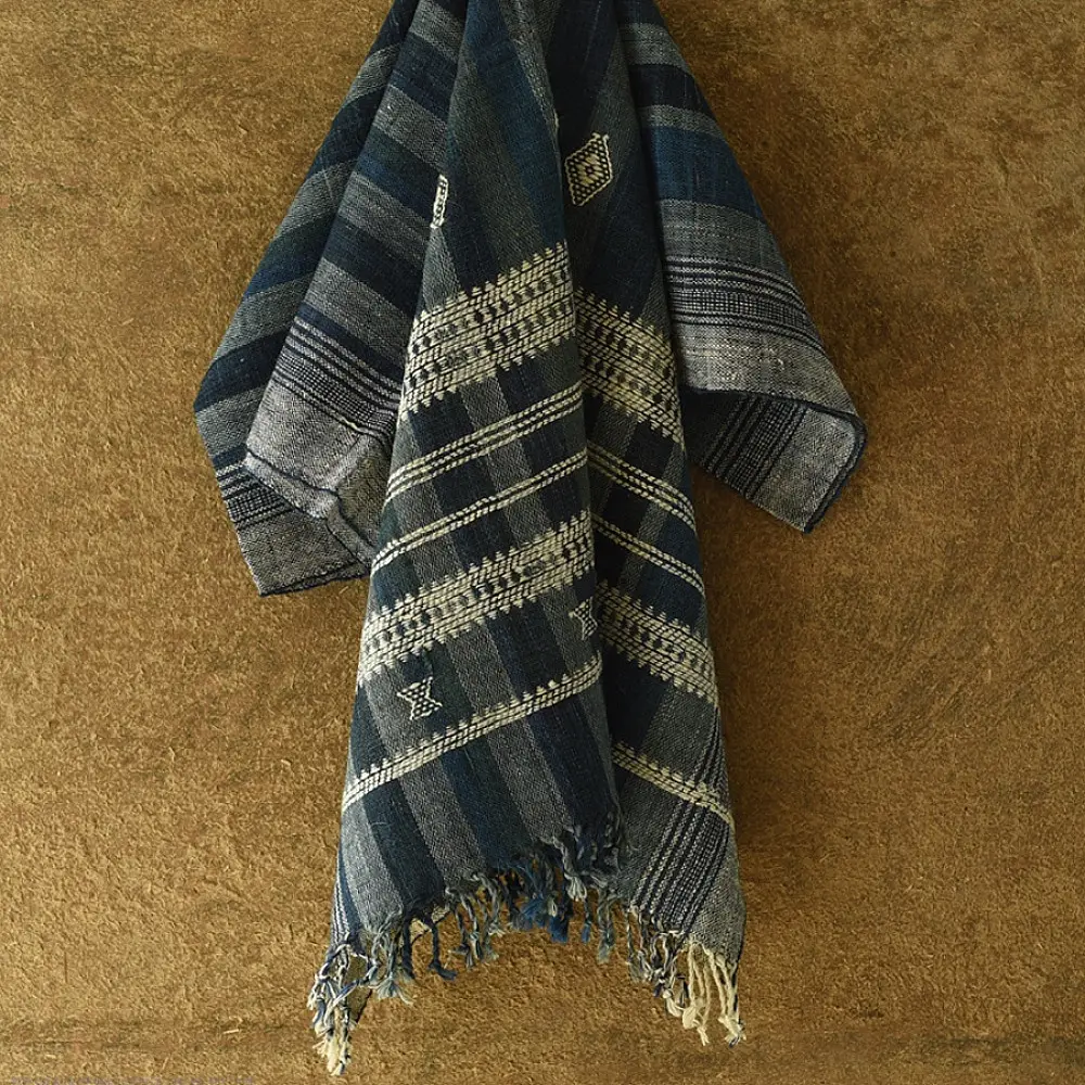 shop Kutchi Bhujodi Handspun Raw Woolen Shawl -Blue Stripes