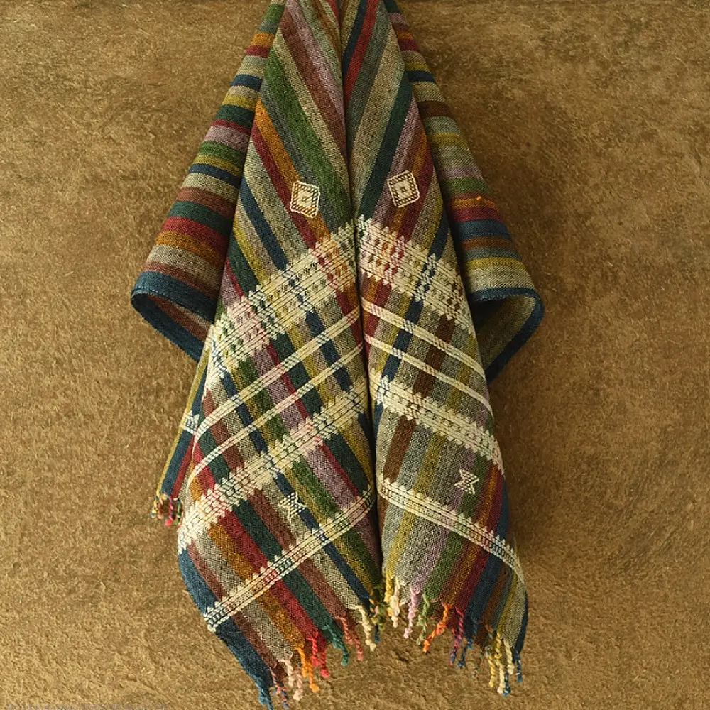 shop Kutchi Bhujodi Handspun Raw Woolen Shawl -Multi Color Stripes