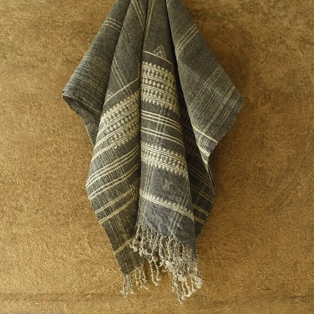 shop Kutchi Bhujodi Handspun Raw Woolen Shawl -Grey 
