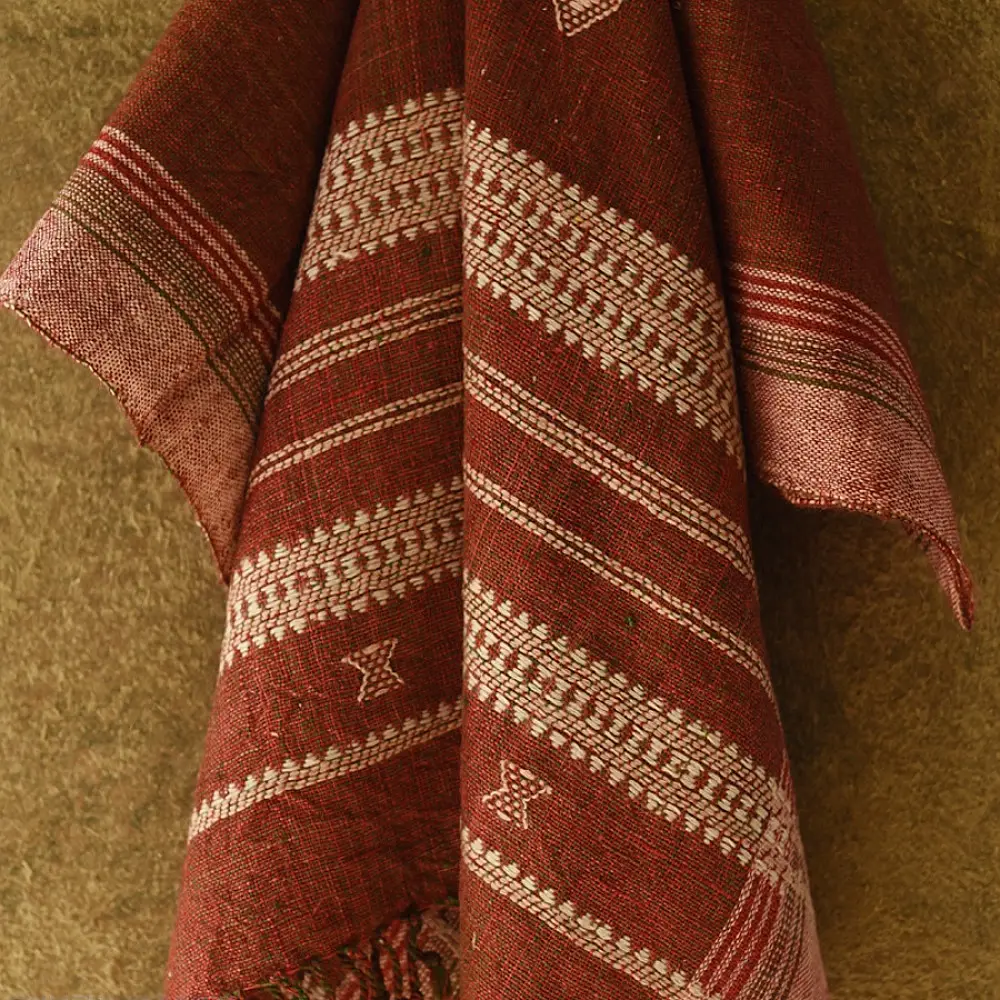 shop Kutchi Bhujodi Handspun Raw Woolen Shawl -Dark Red