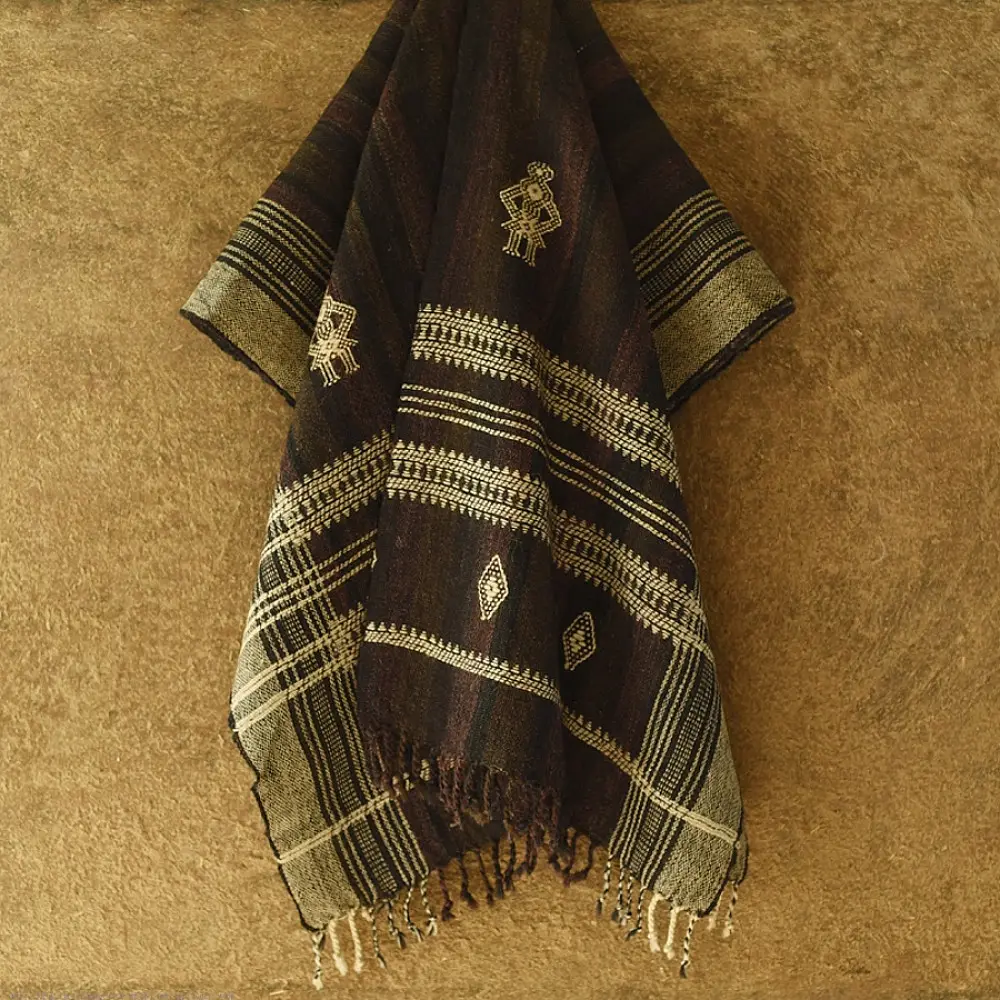 shop Kutchi Bhujodi Handspun Raw Woolen Shawl -Dark Brown